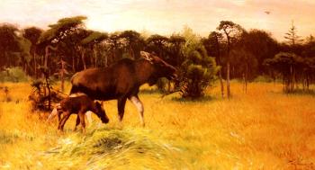 弗裡德裡尅 威廉 庫納特 Moose With Her Calf In A Landscape